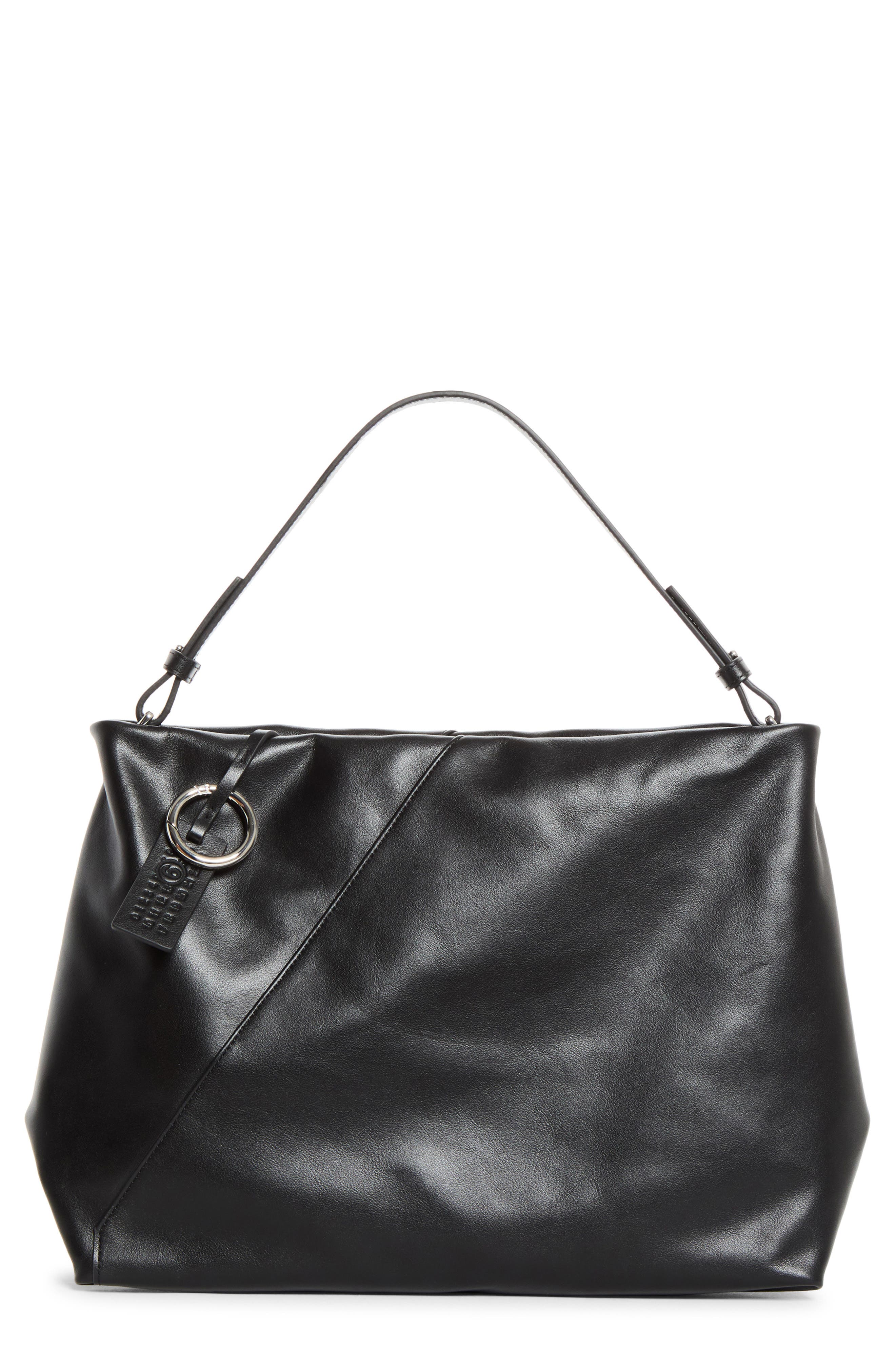 Folded Leather Shoulder Bag, Main, color, BLACK