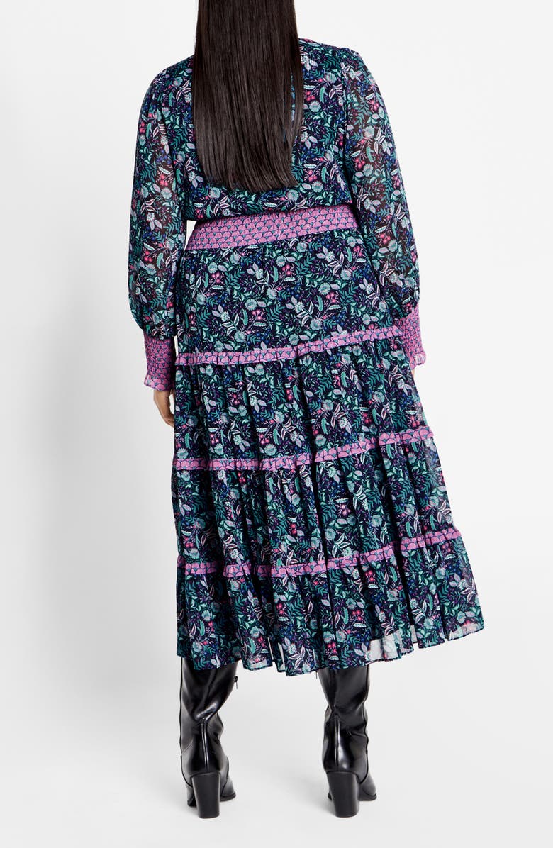 City Chic Ailani Floral Tiered Midi Dress, Alternate, color, Purple Floral