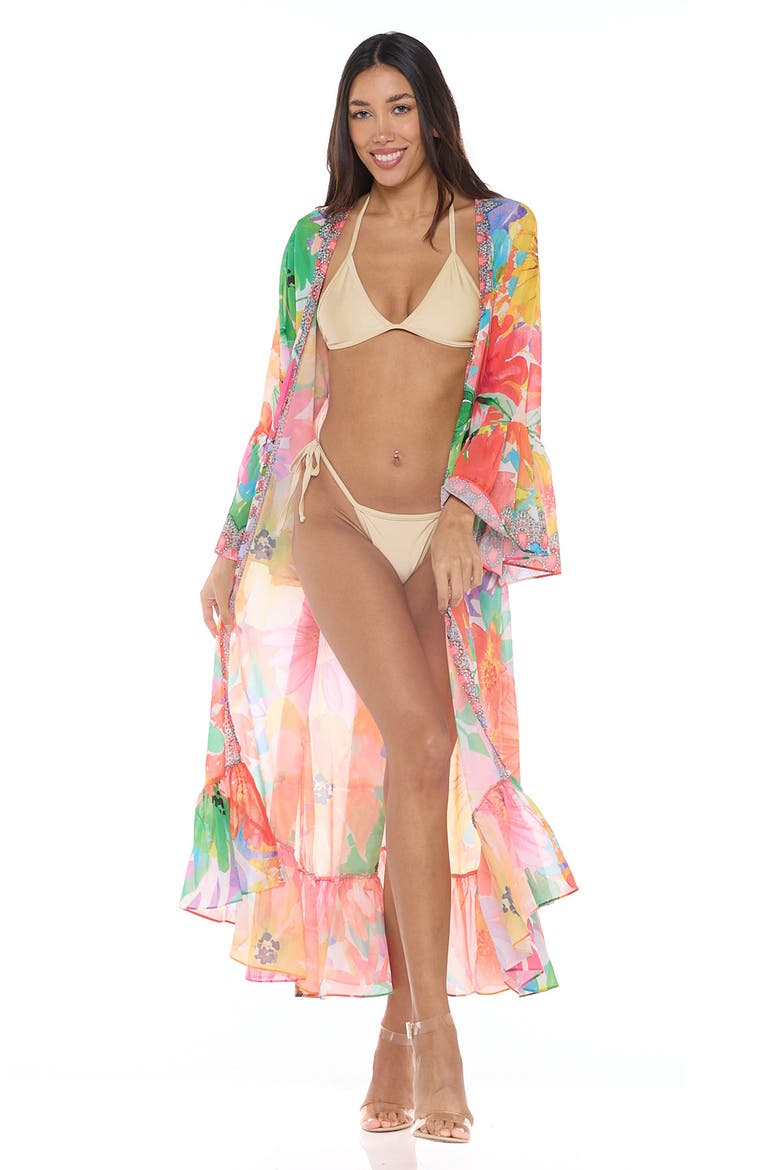 Floral Print Ruffle Sleeve Duster, Alternate, color, ORANGE