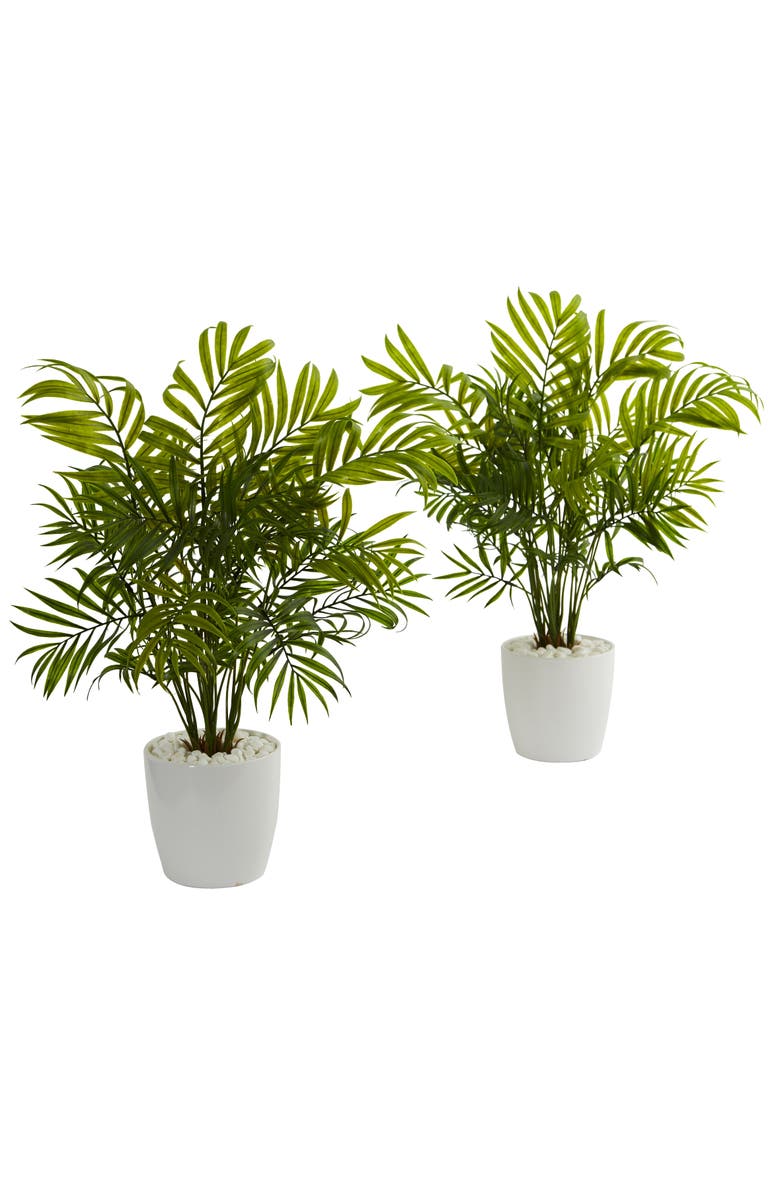 NEARLY NATURAL 19.5-in Palms in White Planter Artificial Plant, Main, color, Green