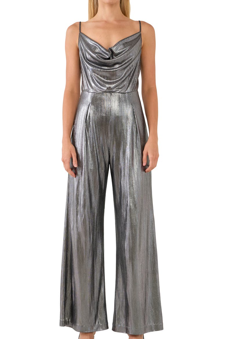 Cowl Neck Metallic Jumpsuit, Alternate, color, DARK SILVER