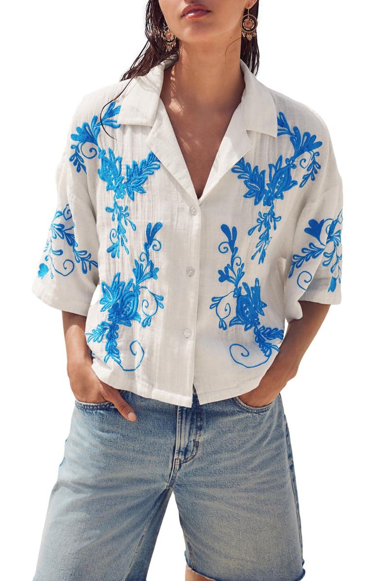 NEXT Embroidered Cotton Button-Up Camp Shirt, Main, color, White