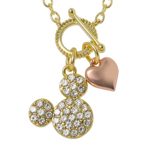 Mickey Mouse Necklace 16" + 2", Gold Tone, Clear Crystals