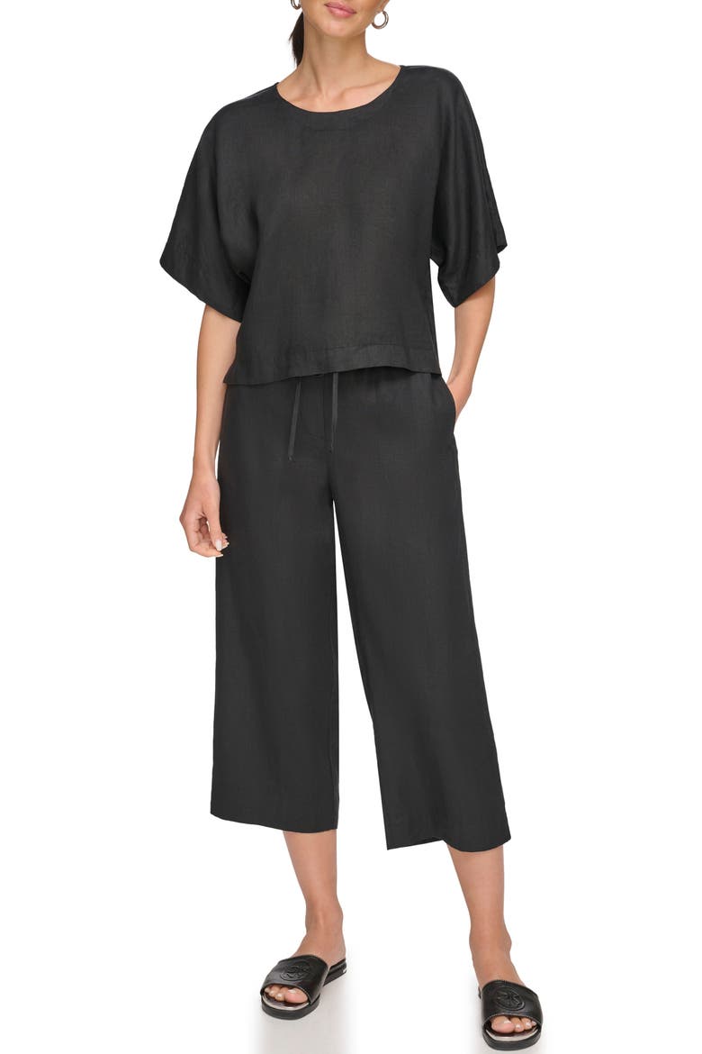 Drop Shoulder Boxy Linen Top, Alternate, color, BLACK