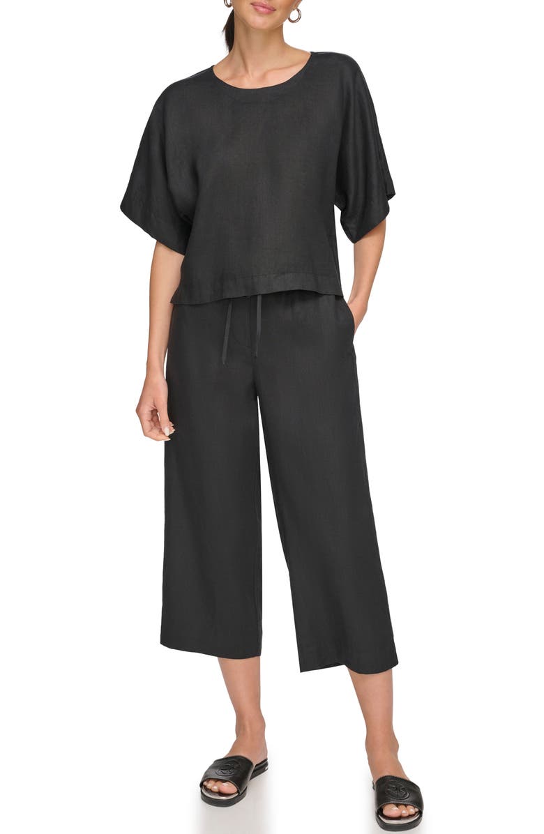 DKNY Drop Shoulder Boxy Linen Top, Alternate, color, Black