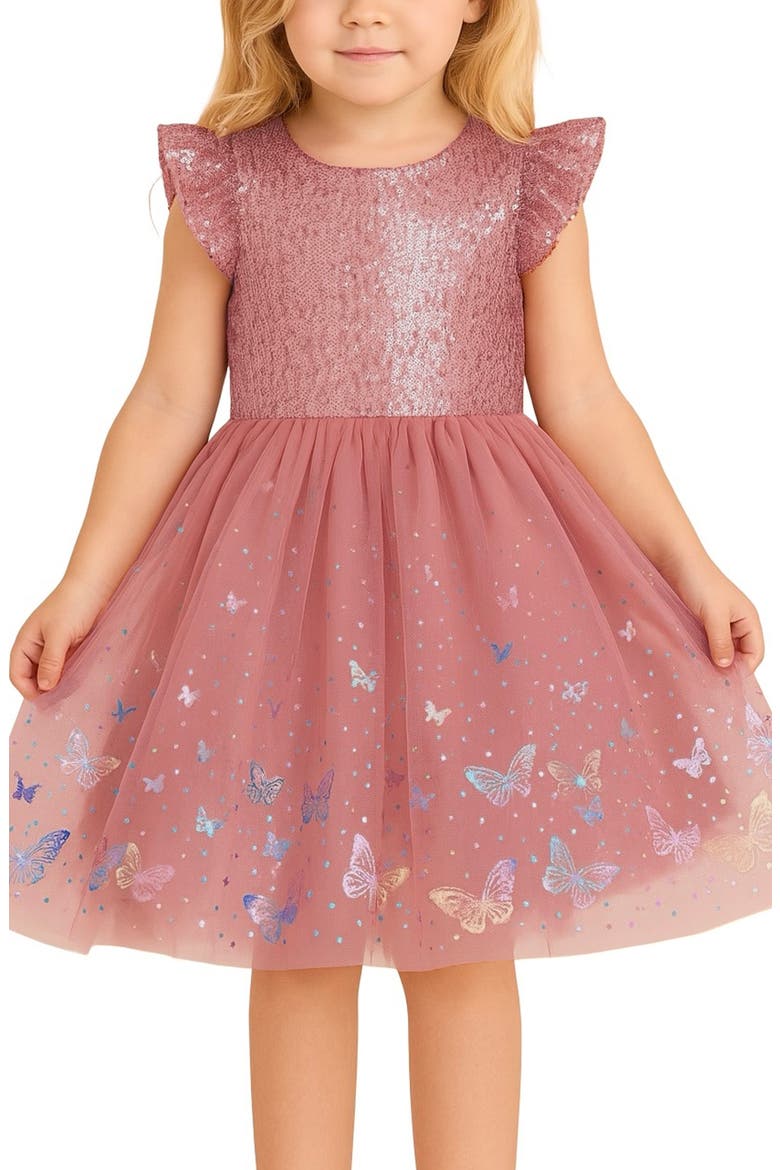 Kids' Flutter Sequin Foil Party Dress, Alternate, color, DUSTY MAUVE