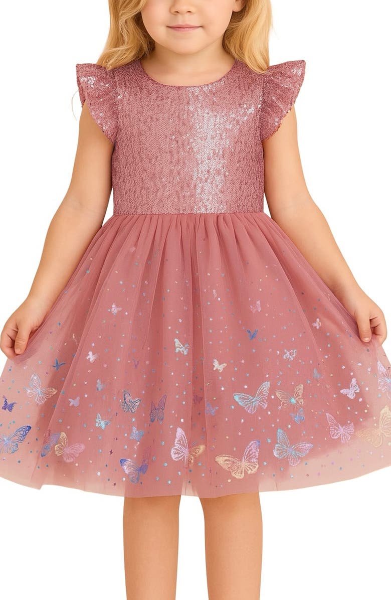Zunie Kids' Flutter Sequin Foil Party Dress, Alternate, color, Dusty Mauve