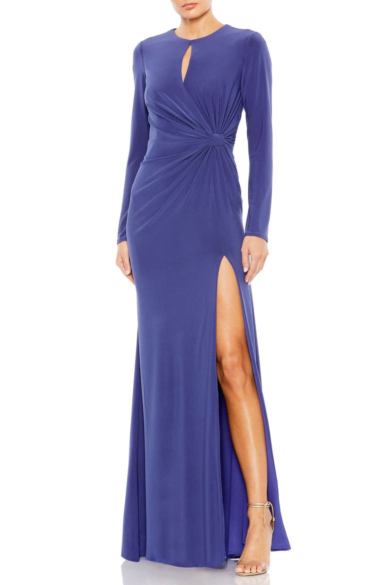 Long Sleeve Keyhole Draped Gown, Main, color, Indigo