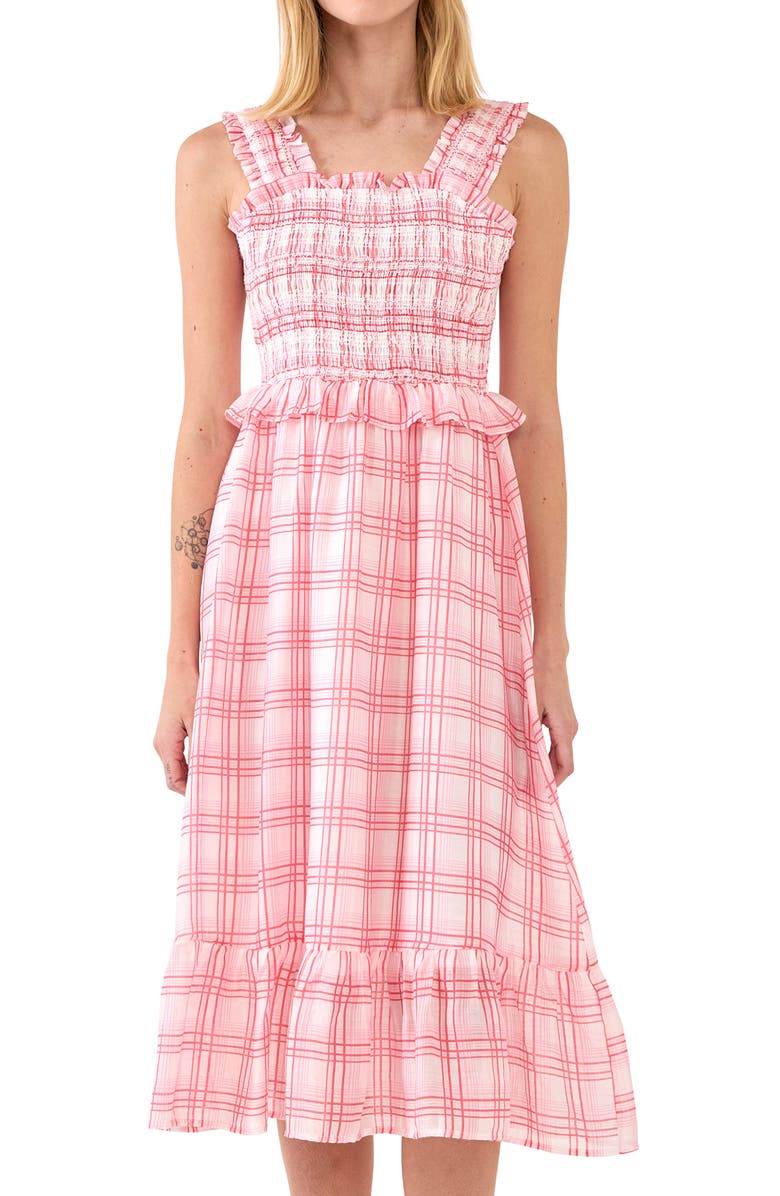English Factory Plaid Ruffle Midi Dress, Alternate, color, Red