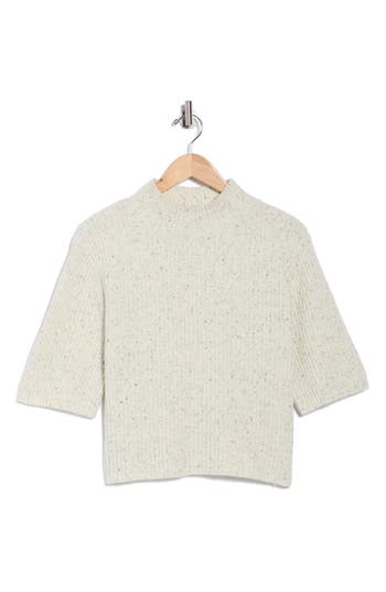 Bobeau Speckled Mock Neck Short Sleeve Sweater In Animal Print