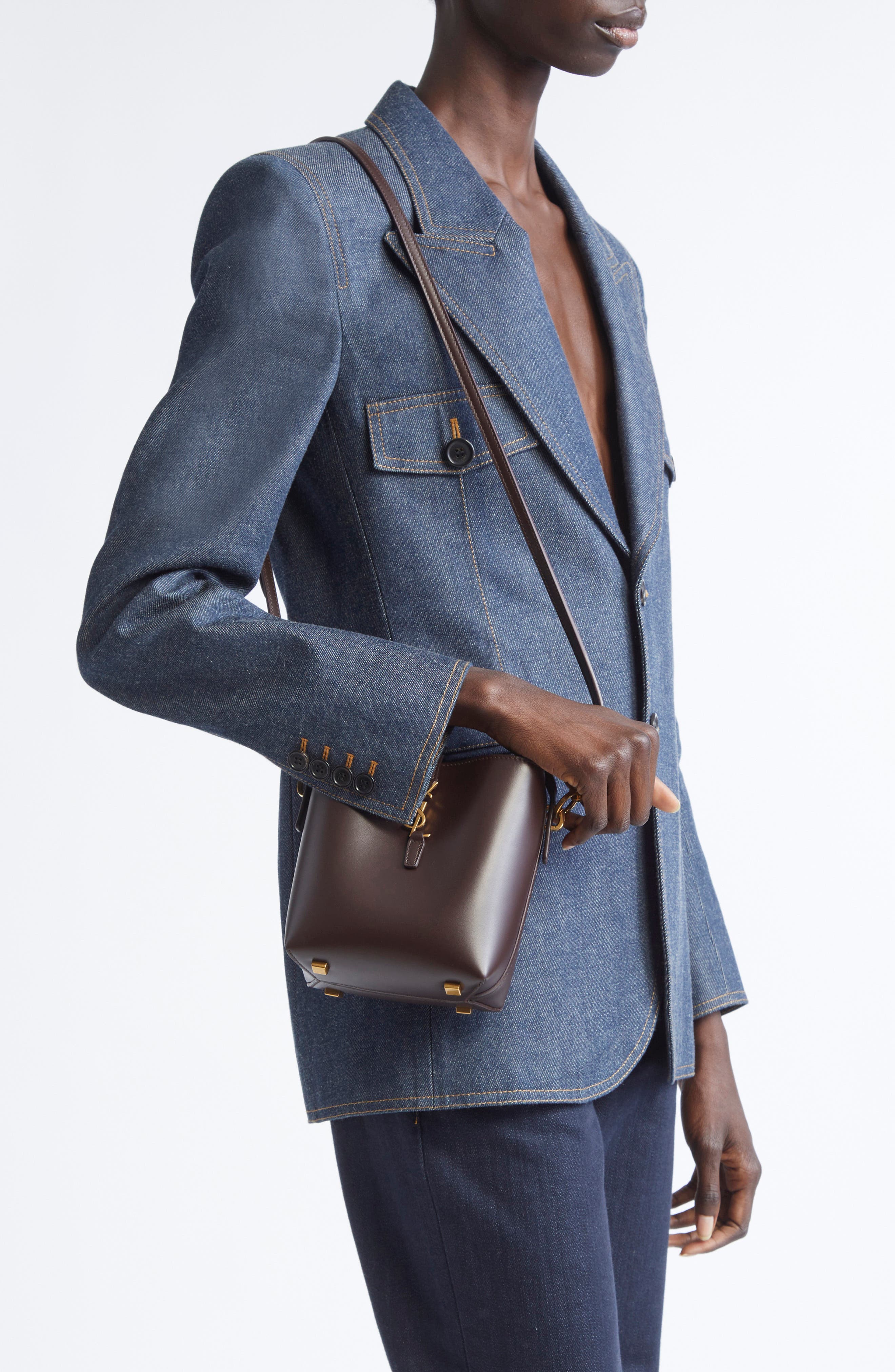 Saint Laurent Mini Le 37 Leather Bucket Bag, Alternate, color, Dark Sweet Choco