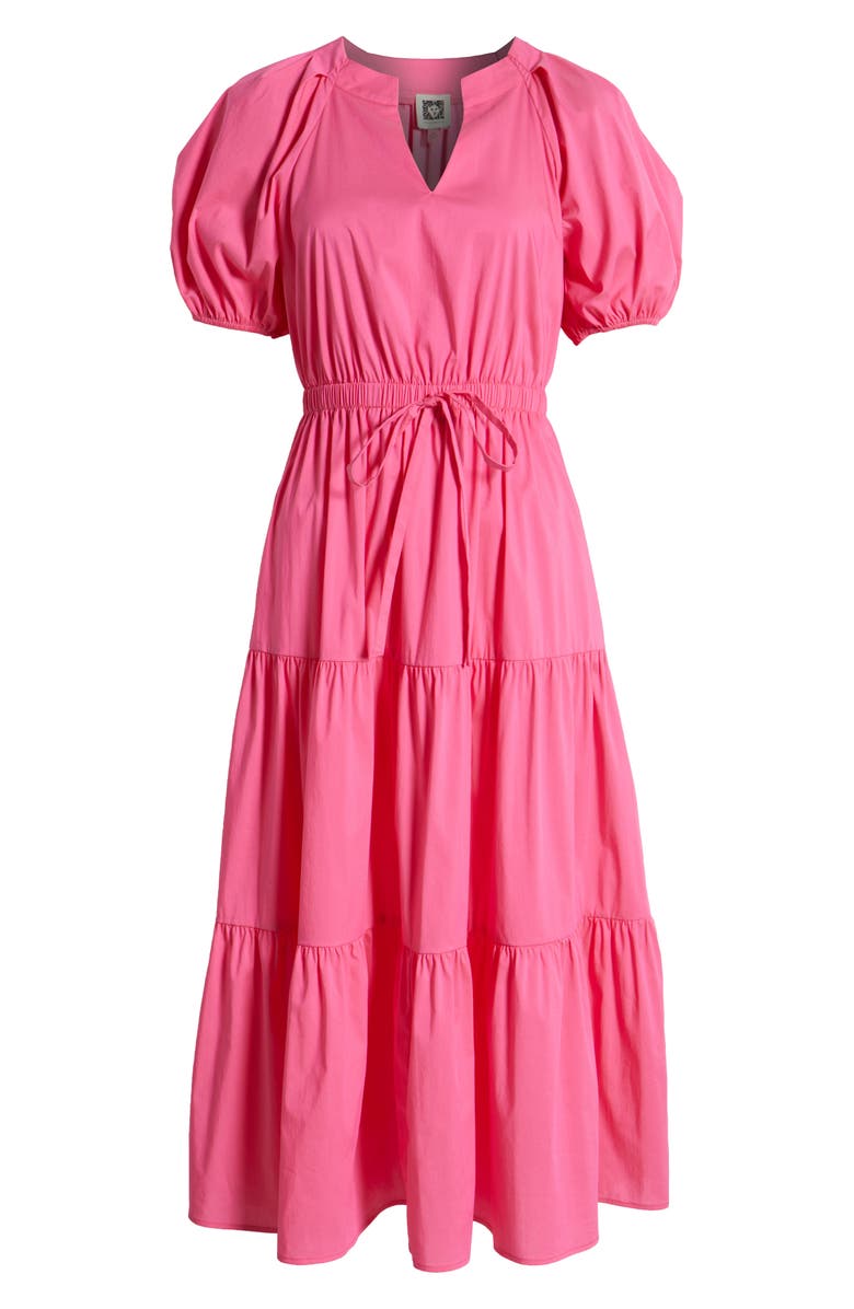 Anne Klein Tiered Puff Sleeve Midi Dress, Alternate, color, Carmine Rose