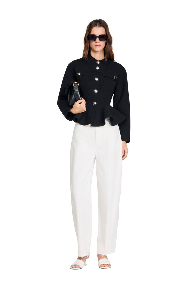 SANDRO Cropped ruffled peplum jacket, Alternate, color, Black