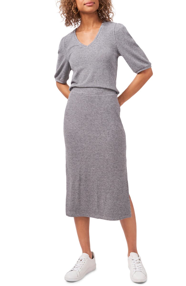 1.STATE Rib Knit Side Slit Midi Pencil Skirt, Alternate, color, Pewter Heather