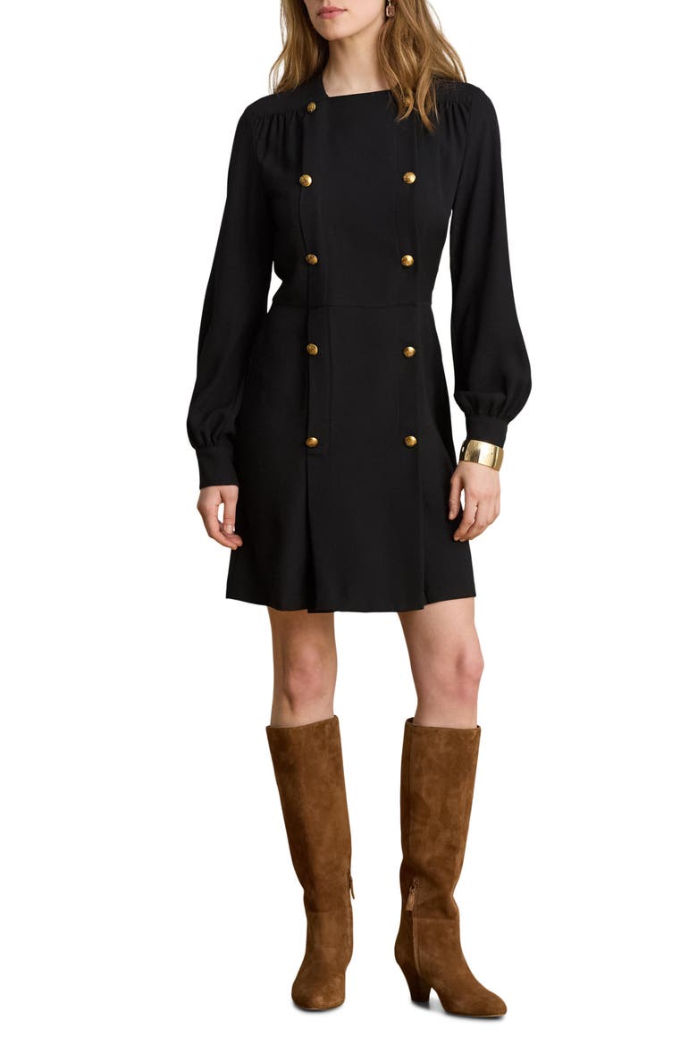 Long Sleeve Double Breasted Georgette Coat Dress, Main, color, BLACK
