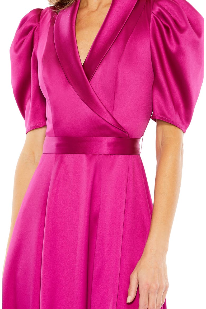 Satin Lapel Puff Sleeve Tea Length Dress, Alternate, color, HOT PINK