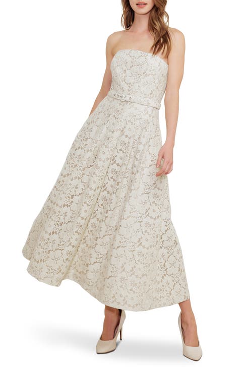 Strapless Belted Cotton Blend Lace Cocktail Dress