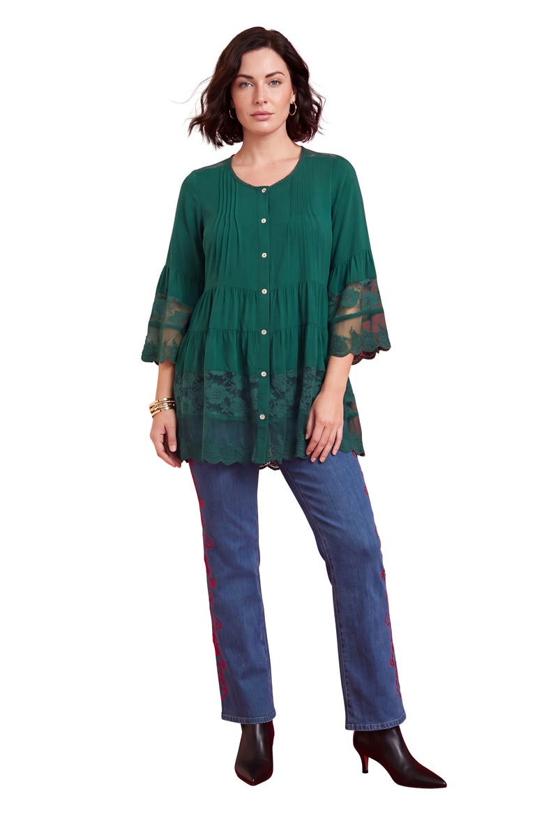 Lace Illusion Blouse, Main, color, EMERALD GREEN