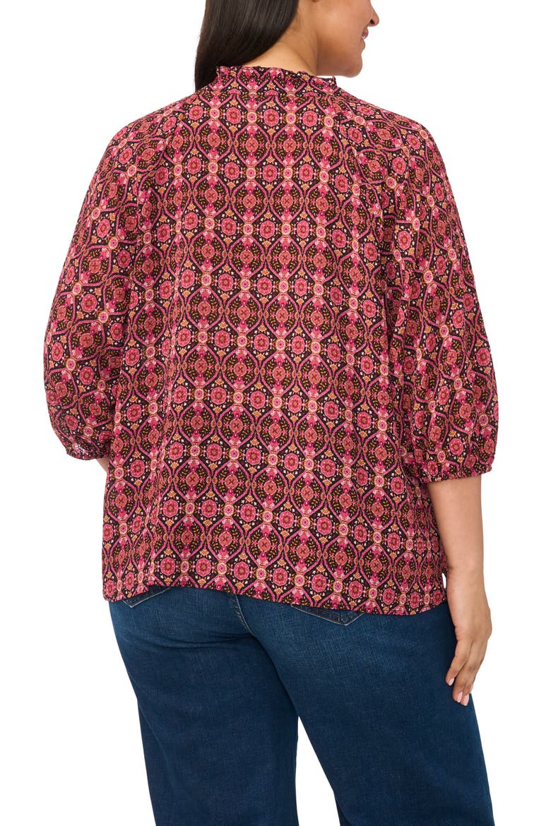 Scarf Print Split Neck Crepe Top, Alternate, color, RICH BLACK/ BURGUNDY