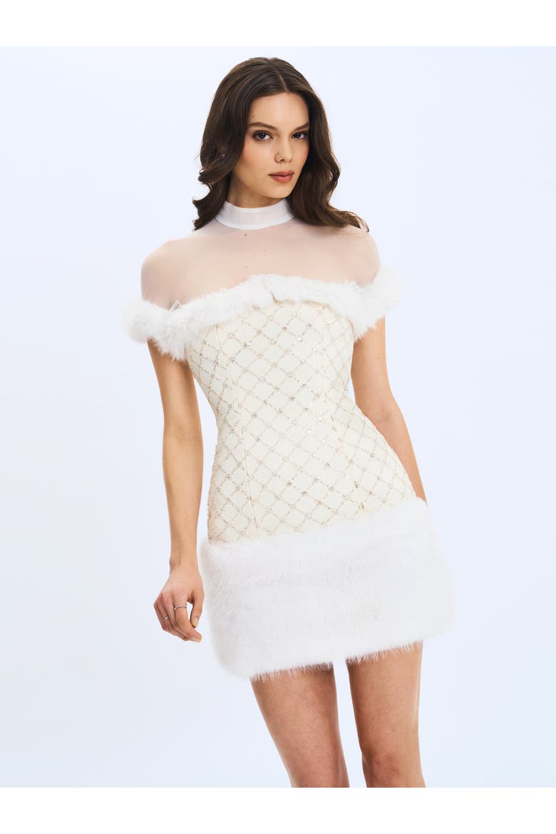 Taylor Faux Fur Trimmed Beaded Bouclé Mini Dress, Alternate, color, Ivory White