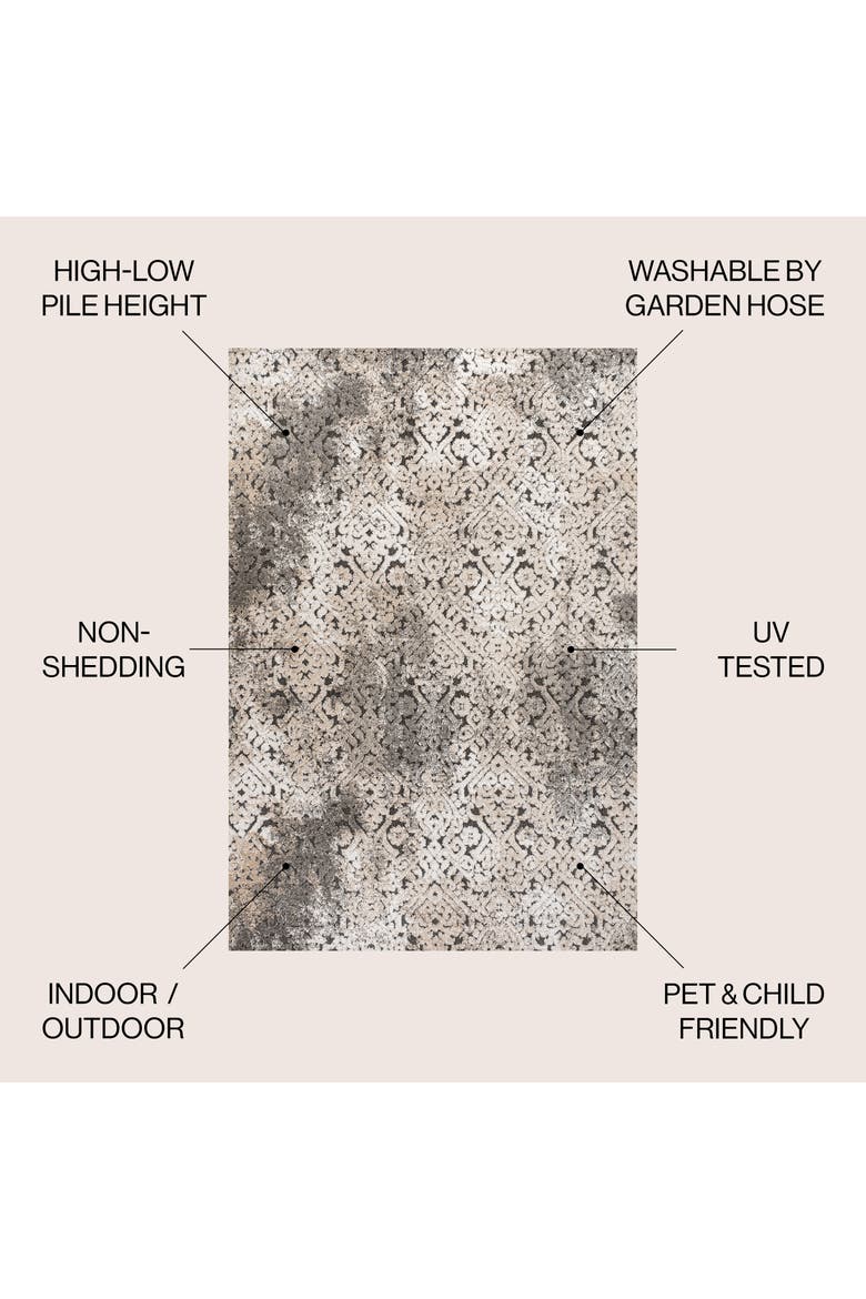 Duenas High-Low Shabby Damask Indoor/Outdoor Area Rug, Alternate, color, Cream/Beige/Dark Gray