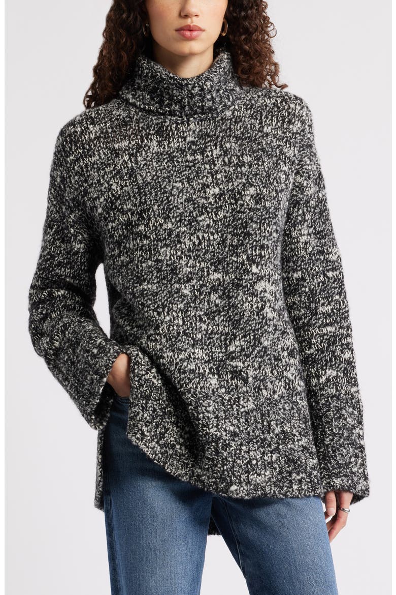 Marled Turtleneck Merino Wool Blend Sweater, Main, color, BLACK- WHITE MARL