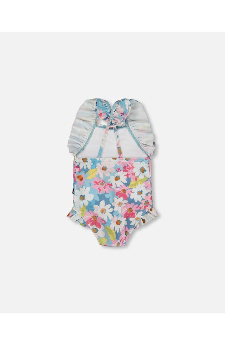 Deux par Deux Little Girl's Printed One-Piece Swimsuit With Frills White, Pink, And Green Flowers, Alternate, color, White, Pink, And Green Flowers