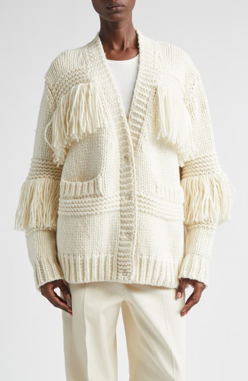 Moncler Grenoble Fringe Trim Wool Blend Cardigan In White