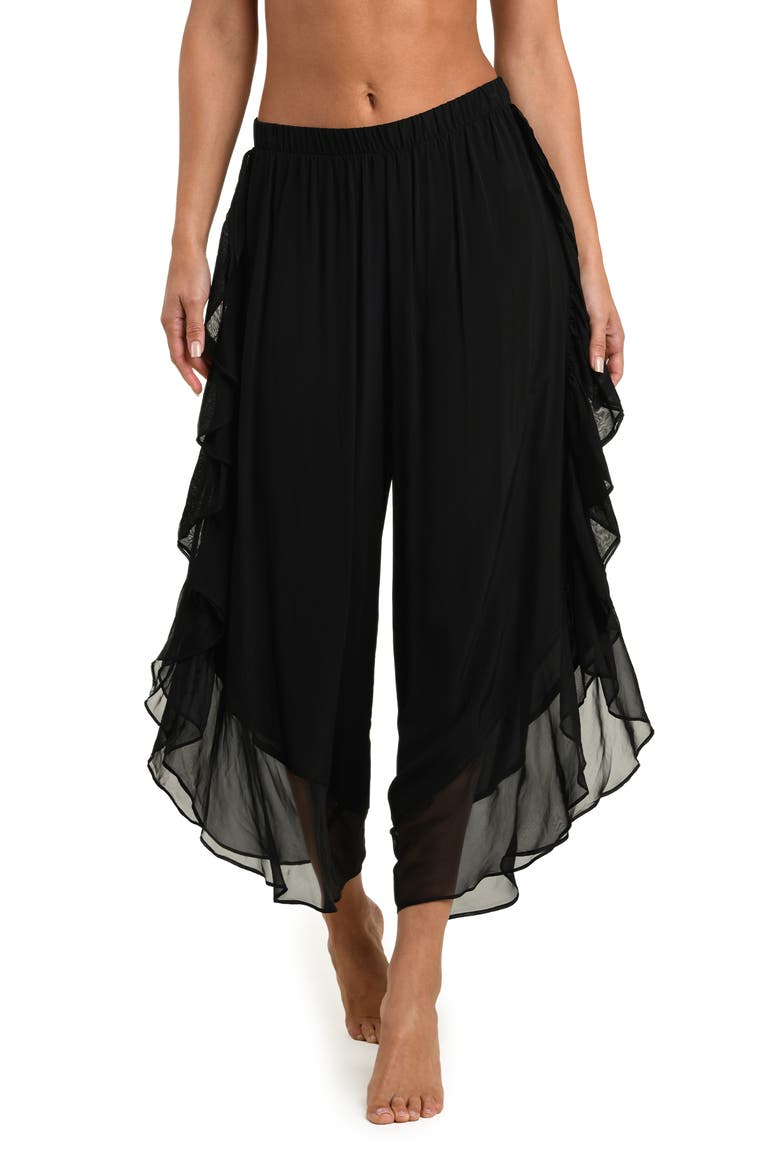 Adonis Ruffle Crop Chiffon Cover-Up Pants, Main, color, BLACK
