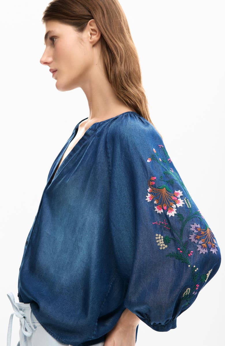 Desigual Embroidered Chambray Shirt, Alternate, color, Dark Blue