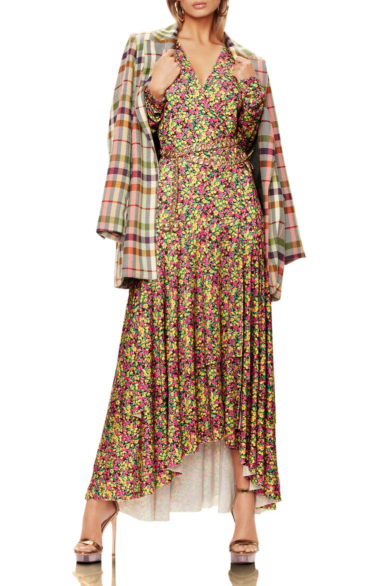 Elodie Ruffle Hem Long Sleeve Wrap High/Low Dress, Alternate, color, ELECTRIC DITSY