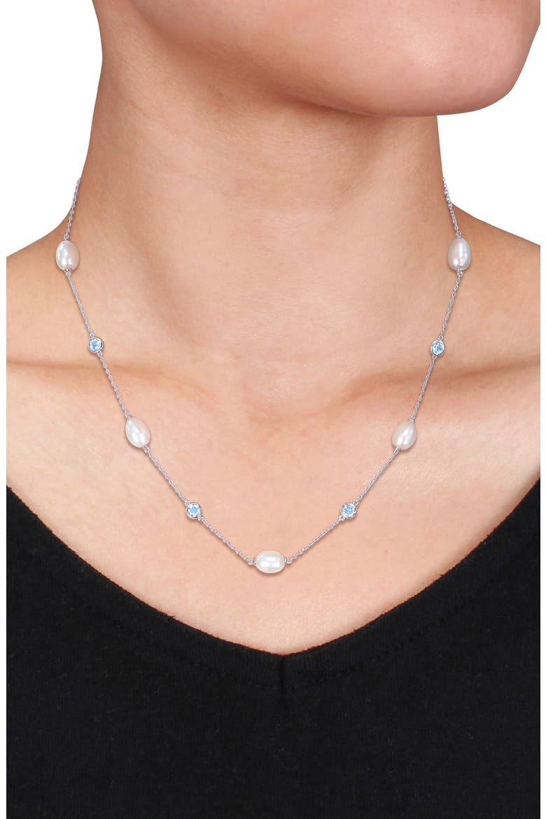 Sterling Silver Cultured Pearl and Blue Topaz Station Necklace, Alternate, color, BLUE