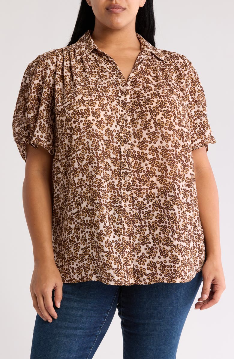Adrianna Papell Scrunched Short Sleeve Button-Up Shirt, Main, color, Blush Little Organic Dot