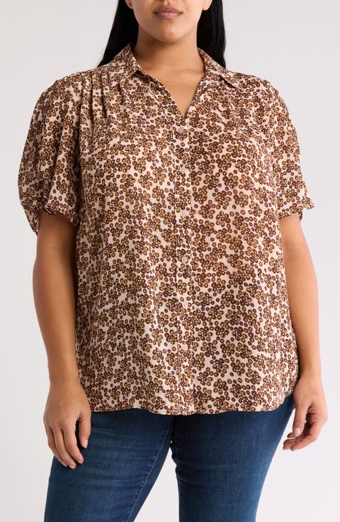 Scrunched Short Sleeve Button-Up Shirt (Plus)