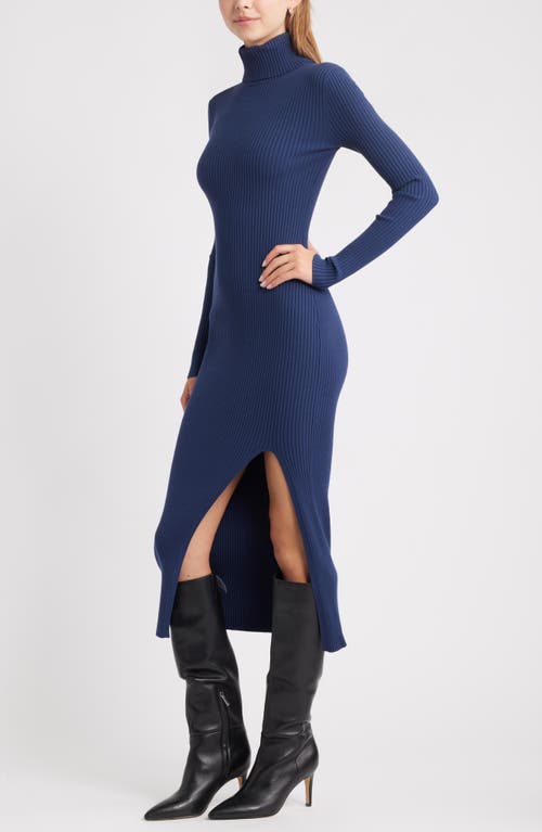 Open Edit Rib Long Sleeve Turtleneck Sweater Dress In Blue