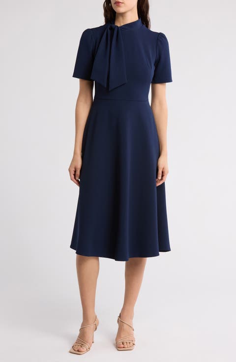 Short Sleeve Necktie Midi Dress