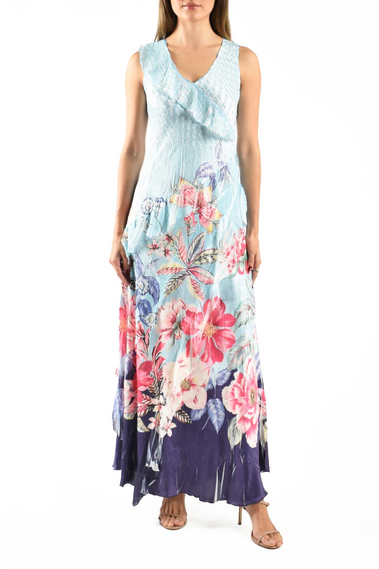 Ruffle Chiffon & Charmeuse Maxi Cocktail Dress, Main, color, BAHAMIAN BORDER