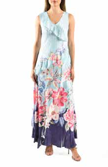 Komarov Ruffle Chiffon & Charmeuse Maxi Cocktail Dress