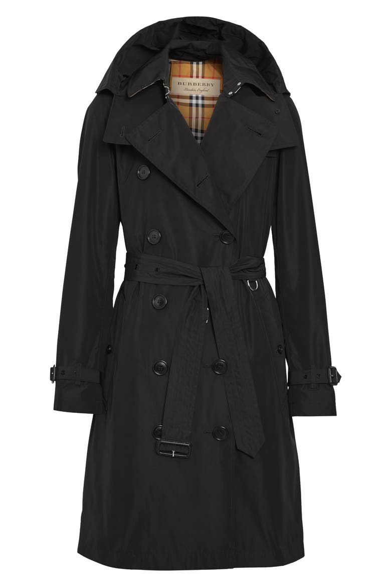 Kensington Taffeta Trench Coat with Detachable Hood, Alternate, color, BLACK