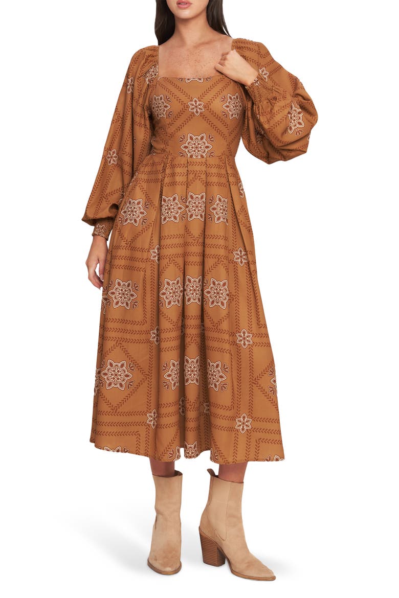 Long Sleeve Print Midi Dress, Main, color, CAMEL