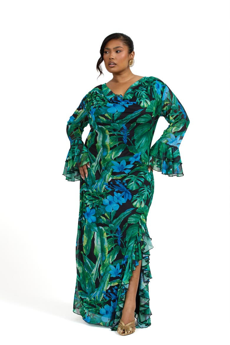 Ruffle Cowl Neck Palm Print Maxi Dress, Alternate, color, Green