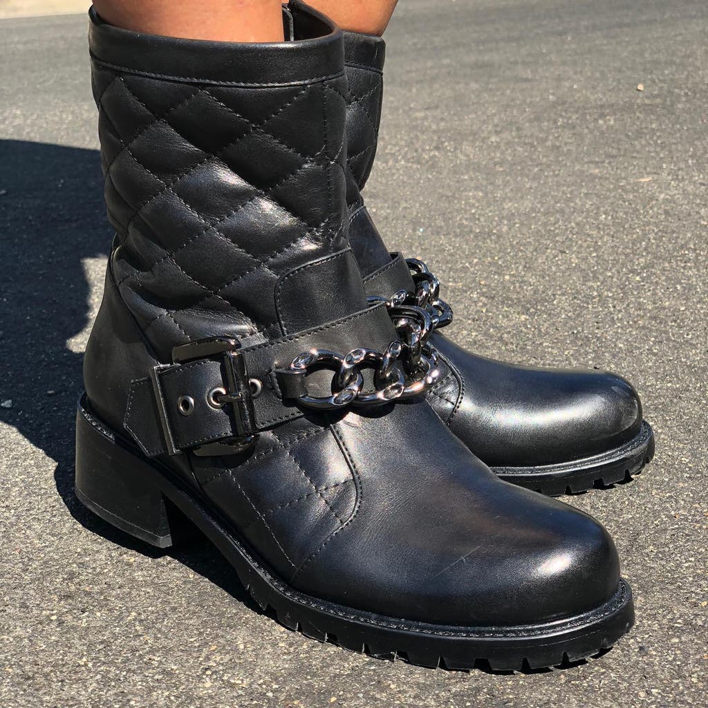 Allegra James Women's Cate Black Leather Ankle Biker Boot Lug Outsole Work Evening In Black