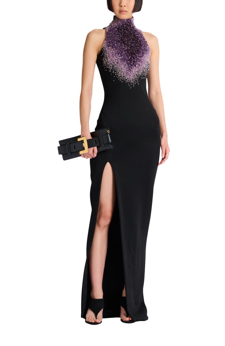 Balmain Milano jersey halterneck dress with "Amethyst" embroidery, Alternate, color, Black