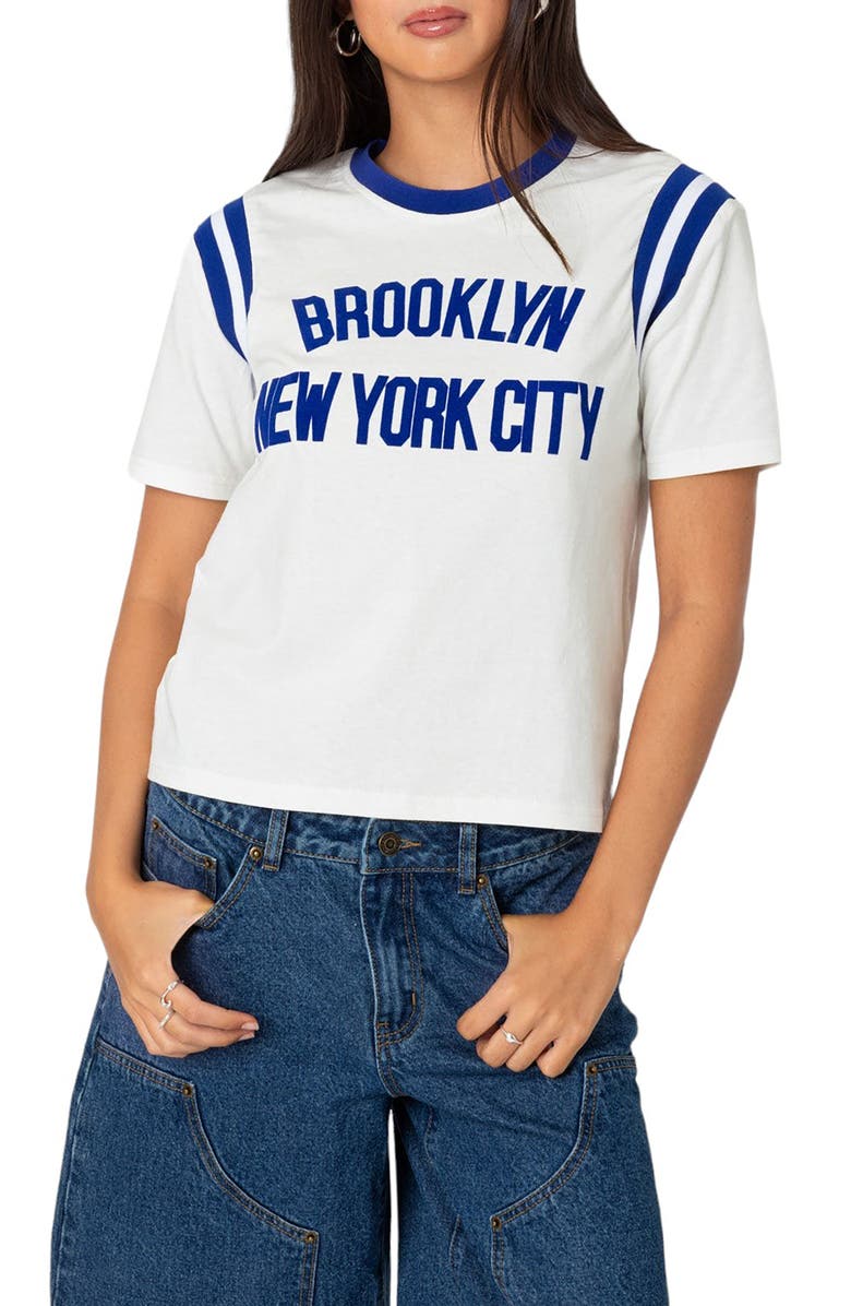 EDIKTED New Yorker Stretch Jersey Graphic T-Shirt, Main, color, White