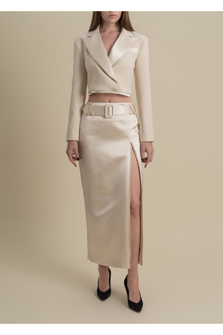 Morgaine Mid-Rise Fluid Elegant Shiny Sateen Skirt, Main, color, Champagne