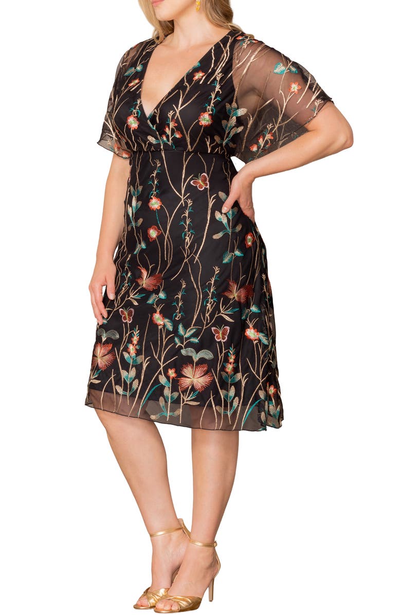Kiyonna Sonnet Embroidered Midi Dress, Alternate, color, Onyx