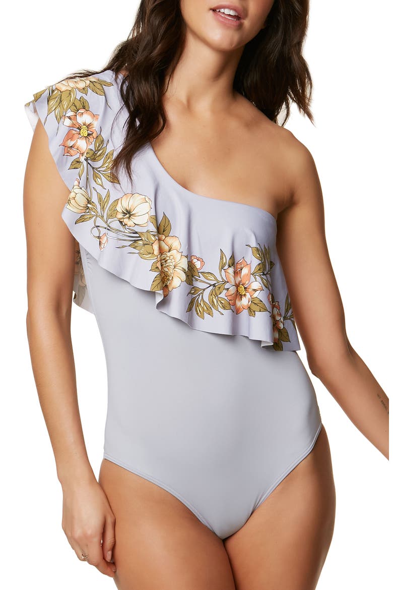 Aloha Floral Ruffle One-Piece Swimsuit, Main, color, BLUE MULTI