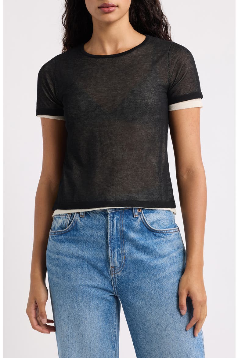 Bipol Tipped Short Sleeve Sweater, Main, color, BLACK