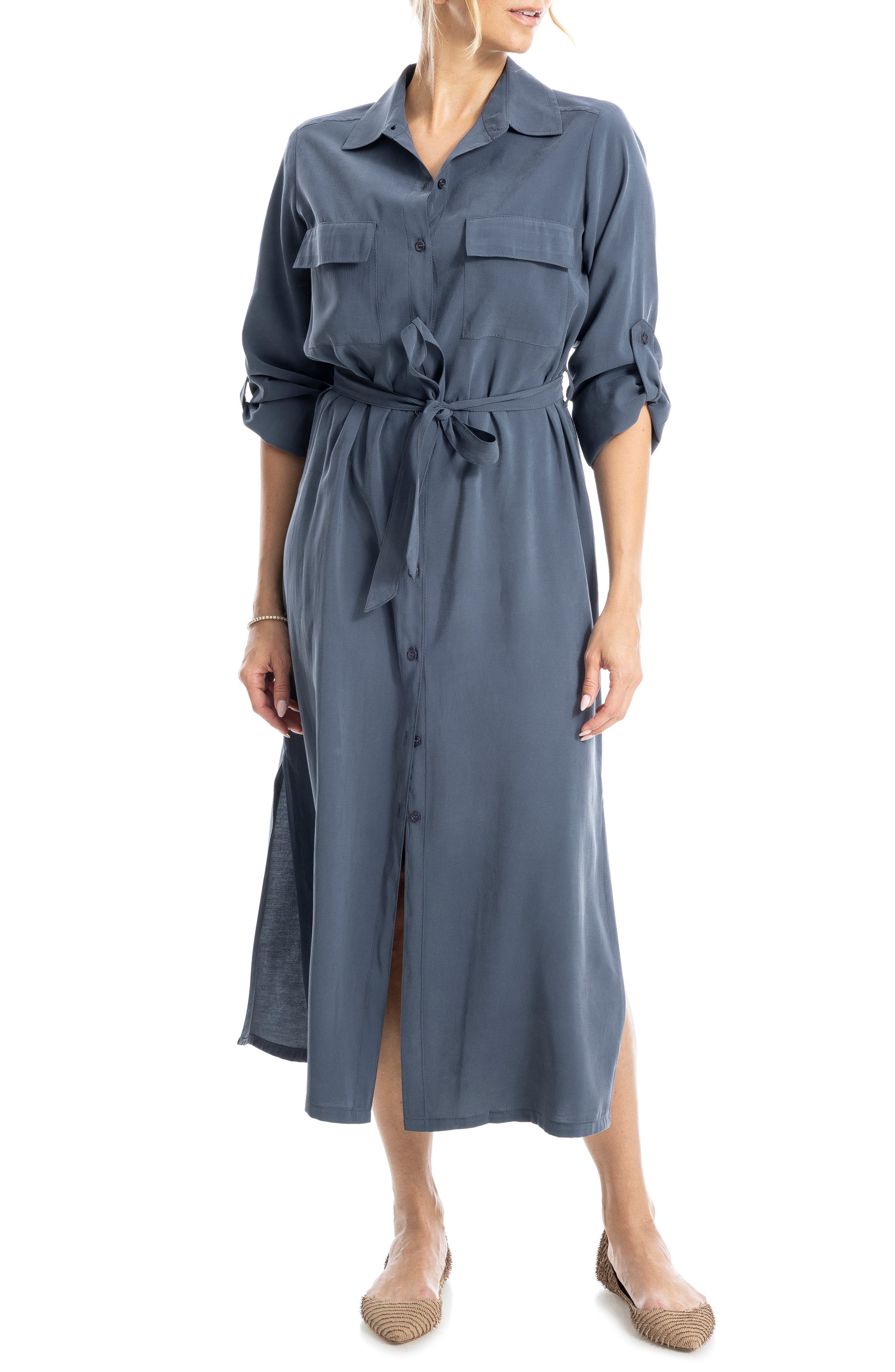 MAX STUDIO Roll Sleeve Utility Maxi Shirtdress