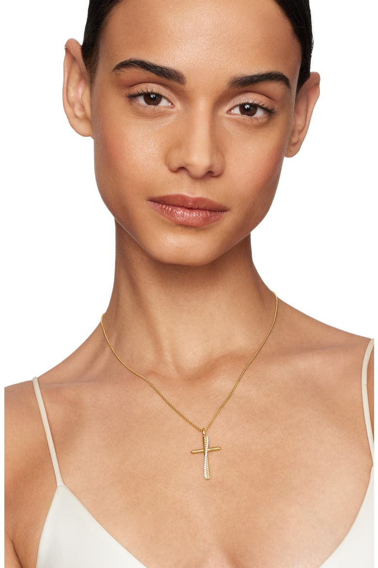 Crossover Cross Necklace in 18K Yellow Gold with Pavé Diamonds, Alternate, color, DIAMOND